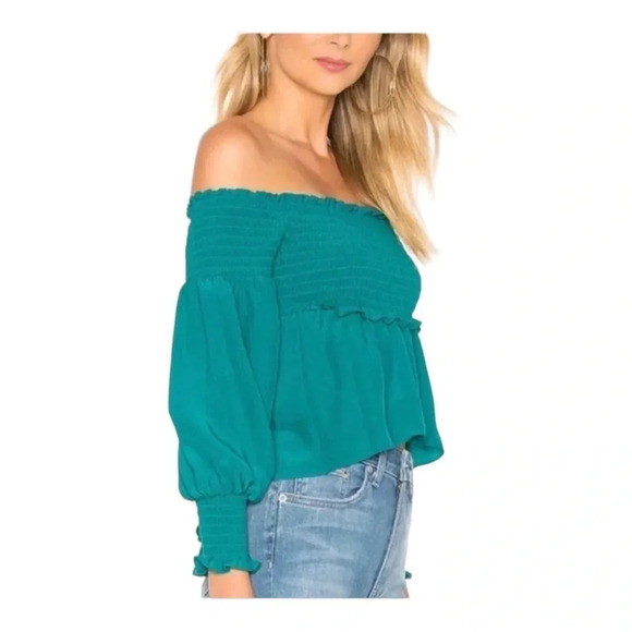 X Revolve Off The Shoulder Blouse in Emerald - For Love and Lemons - Picture 2 of 8